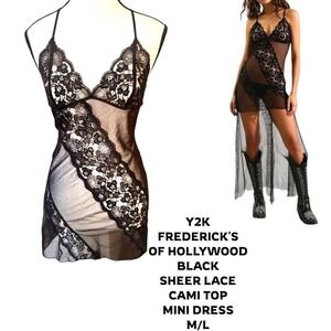 Y2K FREDERICK'S OF HOLLYWOOD BLACK GRUNGE SHEER LACE LONG CAMI MINI DRESS M/L